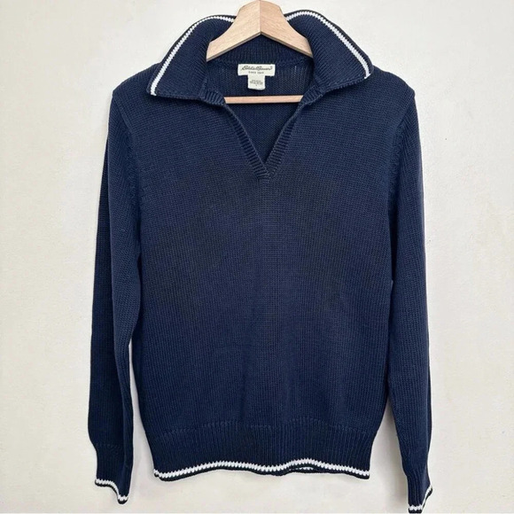 Eddie Bauer Womens Large Navy Collar Cotton Knit Sweater - Picture 3 of 14